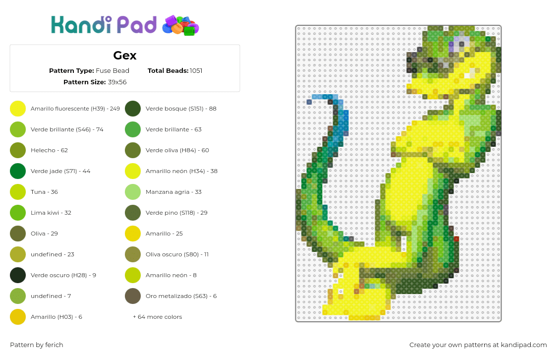 Gex - Fuse Bead Pattern by ferich on Kandi Pad - gex,gecko,video game,character,lizard,retro,classic,green,yellow