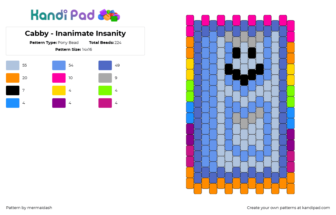 Cabby - Inanimate Insanity - Pony Bead Pattern by mermaidash on Kandi Pad - cabby,inanimate insanity,character,tv show,animation,colorful,blue