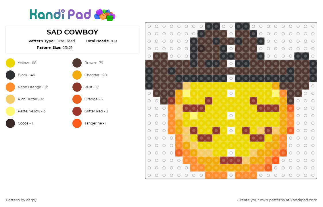 SAD COWBOY - Fuse Bead Pattern by carpy on Kandi Pad - emoji,cowboy,sad,face,hat,yellow,brown