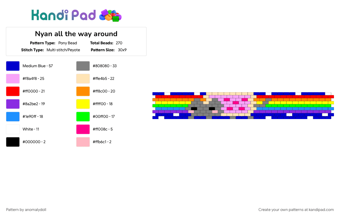Nyan all the way around - Pony Bead Pattern by anomalydoll on Kandi Pad - gray, pink, purple