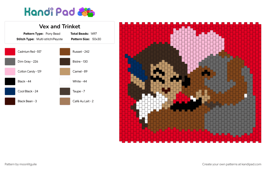 Vex and Trinket - Pony Bead Pattern by moonlitguile on Kandi Pad - bear, brown, gray, legend of vox machina, red, vexahlia