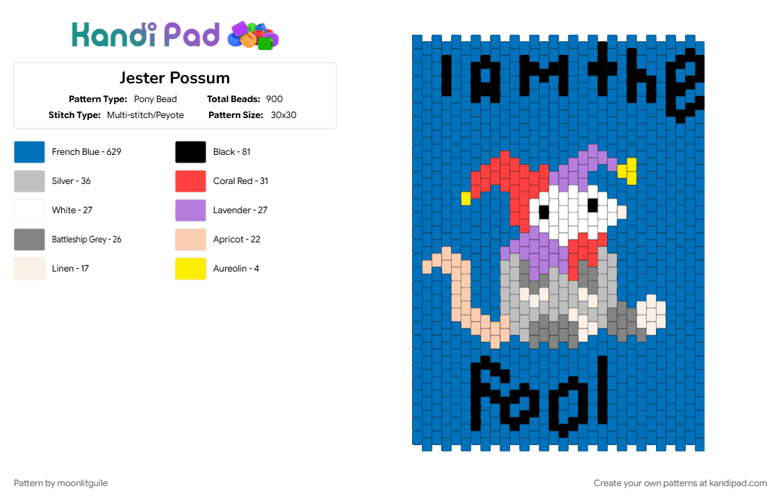 Jester Possum - Pony Bead Pattern by moonlitguile on Kandi Pad - jester, opossum, possum