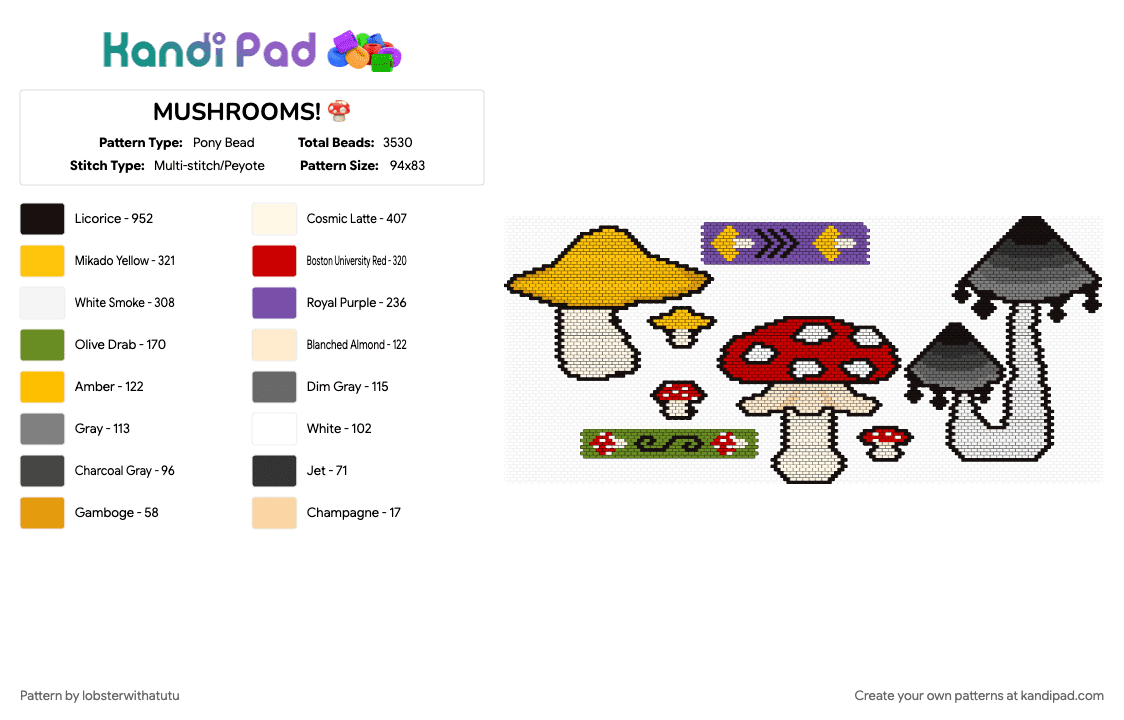 MUSHROOMS! 🍄 - Pony Bead Pattern by lobsterwithatutu on Kandi Pad - cotdmushrooms, gray, purple, red, yellow