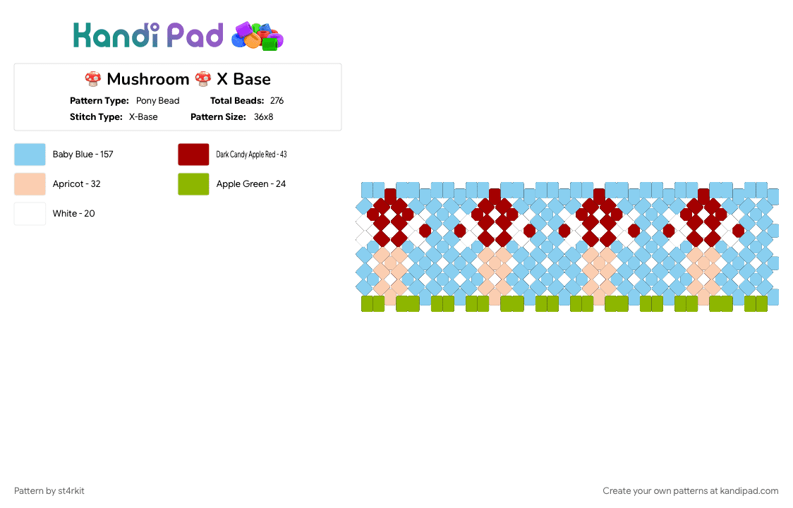 🍄 Mushroom 🍄 X Base - Pony Bead Pattern by st4rkit on Kandi Pad - cotdmushroom, light blue