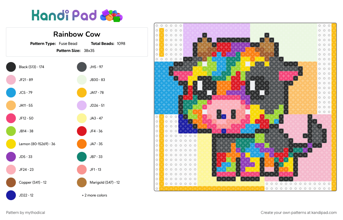 Rainbow Cow - Fuse Bead Pattern by mythodical on Kandi Pad - colorful, orange, pink, yellow
