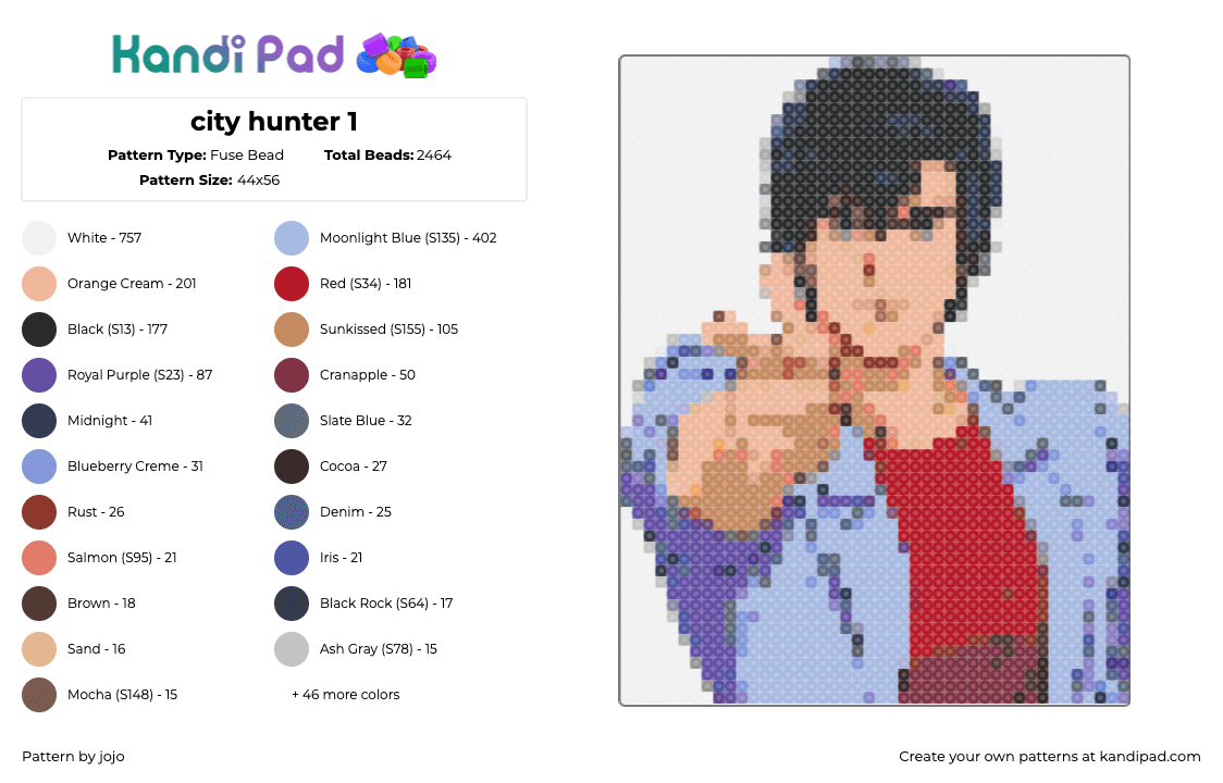 city hunter 1 - Fuse Bead Pattern by jojo on Kandi Pad - ryo saeba,city hunter,manga,movie,animation,character,light blue,red,tan