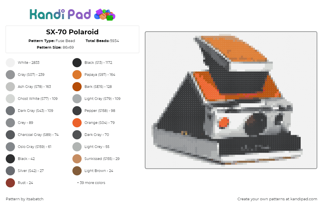 SX-70 Polaroid - Fuse Bead Pattern by itsabatch on Kandi Pad - polaroid,camera,classic,photography,orange,gray,black