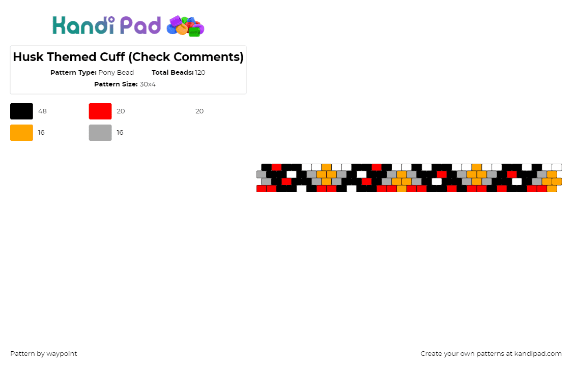 Husk Themed Cuff (Check Comments) - Pony Bead Pattern by waypoint on Kandi Pad - husk,hazbin hotel,bracelet,cuff,tv show,animation,black,red,orange,gray