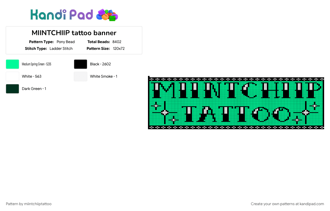 MIINTCHIIP tattoo banner - Pony Bead Pattern by miintchiiptattoo on Kandi Pad - teal
