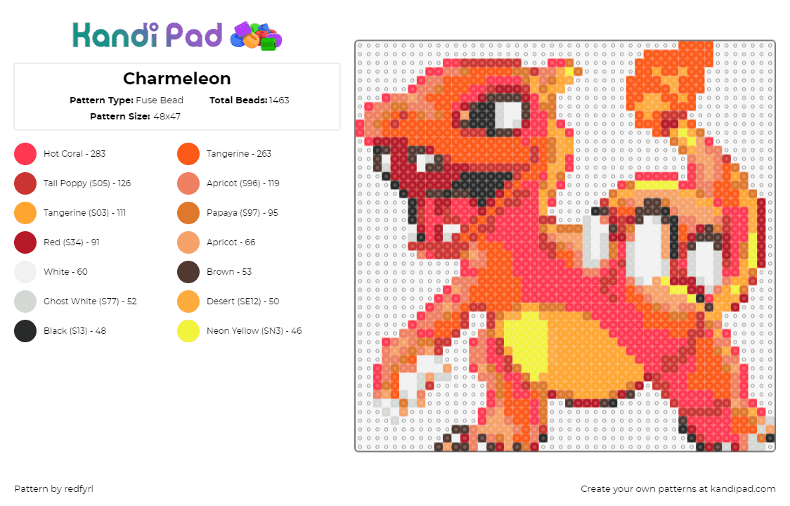 Charmeleon - Fuse Bead Pattern by redfyrl on Kandi Pad - chameleon,pokemon,charmander,evolution,character,fiery,gaming,orange