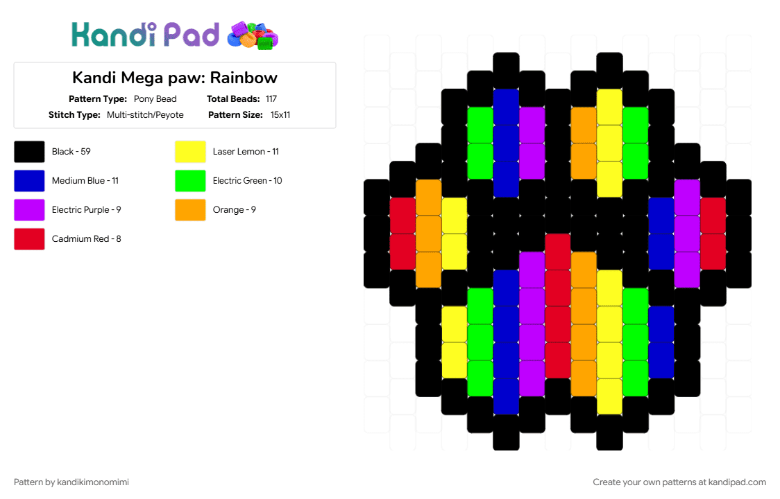 Kandi Mega paw: Rainbow - Pony Bead Pattern by kandikimonomimi on Kandi Pad - animal, black, charm, love, paw, pride, purple, rainbow, yellow