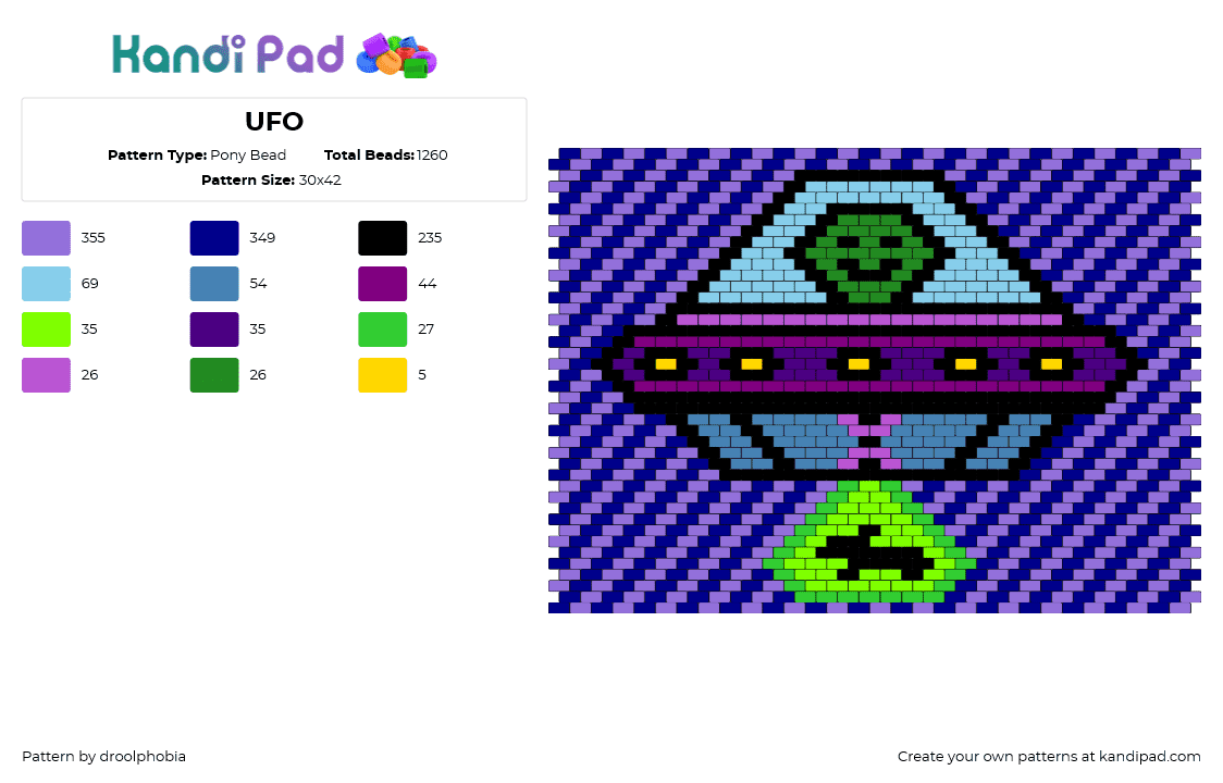 UFO - Pony Bead Pattern by droolphobia on Kandi Pad - ufo,alien,flying saucer,tractor beam,space,diagonal,stripes,panel,smile,cute,ext