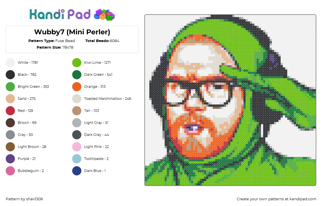 Wubby7 (Mini Perler) - Fuse Bead Pattern by shav1309 on Kandi Pad - paymoneywubby,portrait,streamer,green,orange