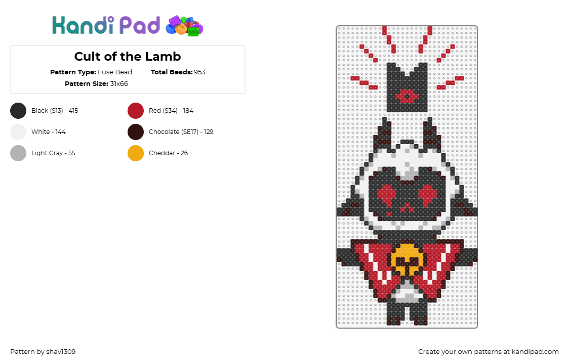 Cult of the Lamb - Fuse Bead Pattern by shav1309 on Kandi Pad - cult of the lamb,character,video game,horror,black,red,white