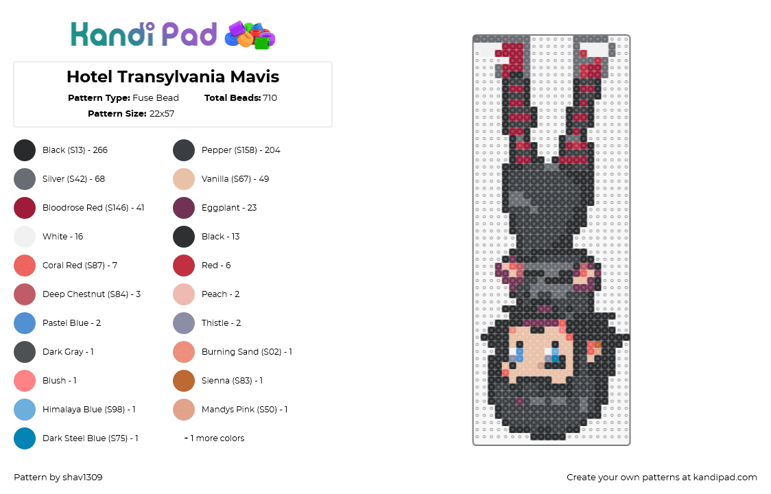 Hotel Transylvania Mavis - Fuse Bead Pattern by shav1309 on Kandi Pad - mavis dracula,hotel transylvania,character,movie,vampire,spooky,black,red