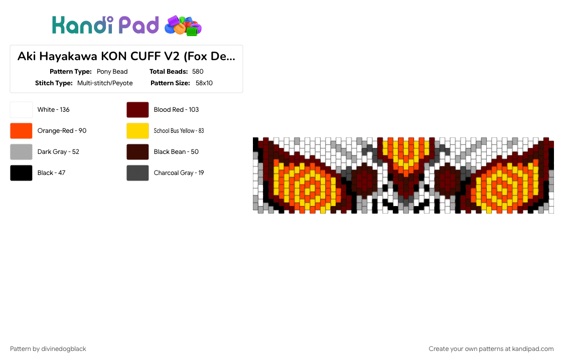 Aki Hayakawa KON CUFF V2 (Fox Devil) - Pony Bead Pattern by divinedogblack on Kandi Pad - aki hayakawa, anime, brown, chainsaw man, character, devil