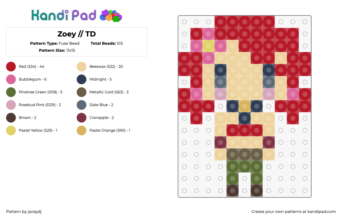 Zoey // TD - Fuse Bead Pattern by jaceydj on Kandi Pad - zoey,total drama,cartoon,character,tv show,beige,red