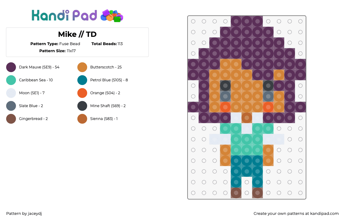 Mike // TD - Fuse Bead Pattern by jaceydj on Kandi Pad - mike,total drama,cartoon,character,tv show,brown,teal,purple