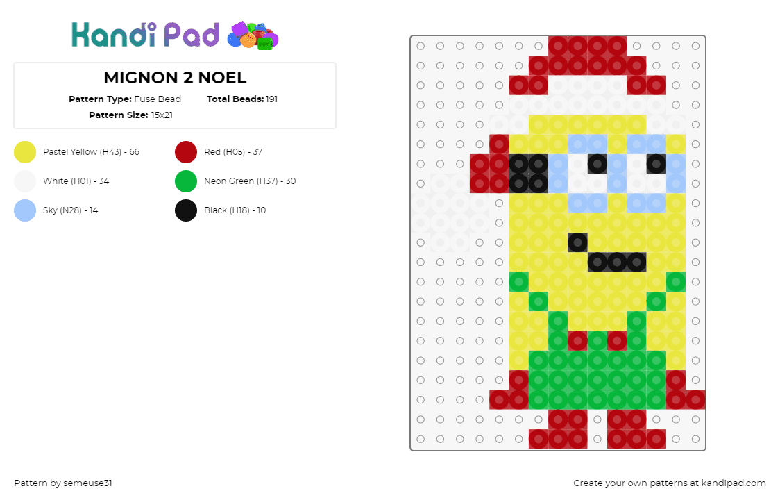 MIGNON 2 NOEL - Fuse Bead Pattern by semeuse31 on Kandi Pad - minion,despicable me,christmas,cute,festive,yellow,red,green