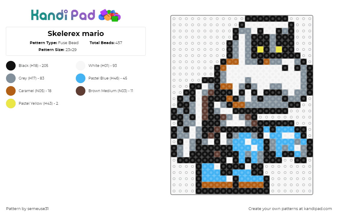 Skelerex mario - Fuse Bead Pattern by semeuse31 on Kandi Pad - skelerex,mario,character,video game,nintendo,gray,light blue