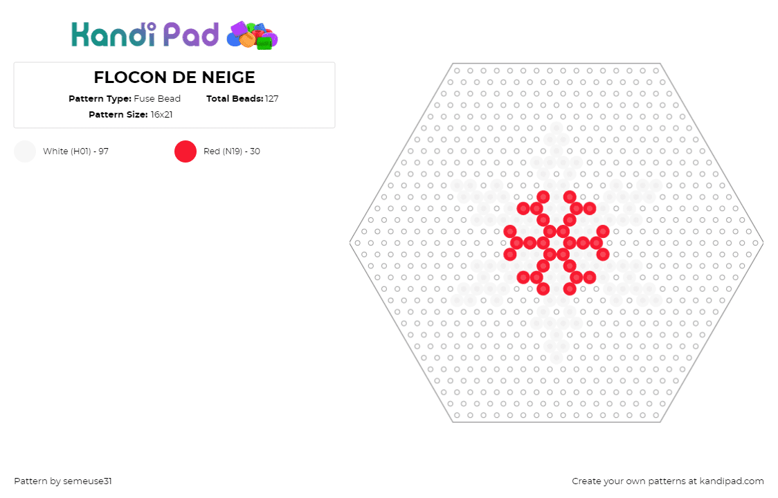 FLOCON DE NEIGE - Fuse Bead Pattern by semeuse31 on Kandi Pad - snowflake,winter,holiday,white,red