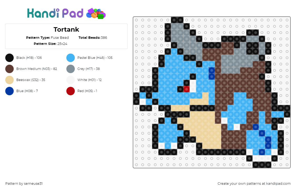 Tortank - Fuse Bead Pattern by semeuse31 on Kandi Pad - blastoise,pokemon,evolution,wartortle,squirtle,character,gaming,brown,tan,light blue