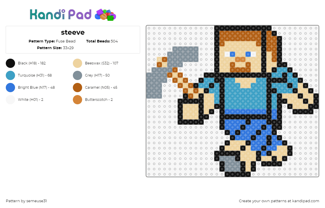 steeve - Fuse Bead Pattern by semeuse31 on Kandi Pad - steve,minecraft,character,pickaxe,blue,teal,tan