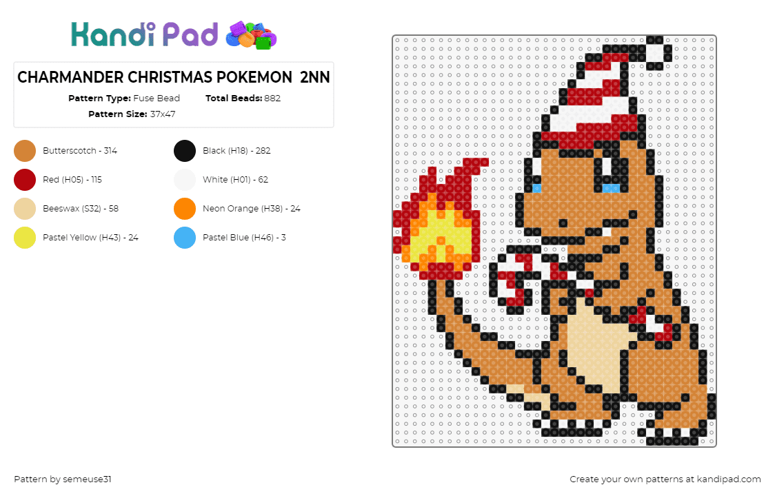 CHARMANDER CHRISTMAS POKEMON  RED - Fuse Bead Pattern by semeuse31 on Kandi Pad - charmander,pokemon,candy cane,hat,christmas,festive,starter,cute,flame,orange,tan,red