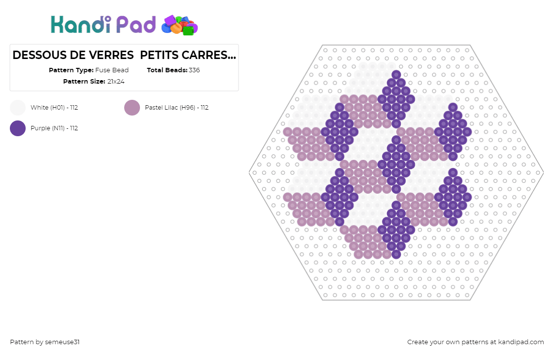 DESSOUS DE VERRES  PETITS CARRES DDV1 - Fuse Bead Pattern by semeuse31 on Kandi Pad - blocks,geometric,3d,hexagon,purple,white