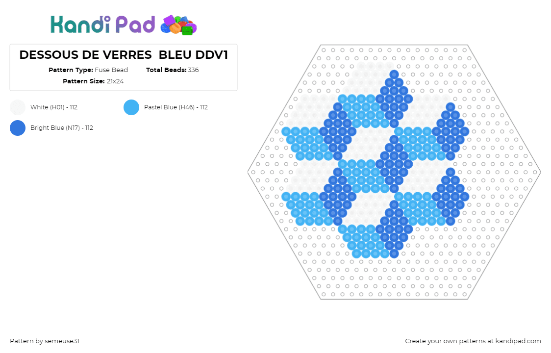 DESSOUS DE VERRES  BLEU DDV1 - Fuse Bead Pattern by semeuse31 on Kandi Pad - blocks,geometric,3d,hexagon,blue,light blue,white