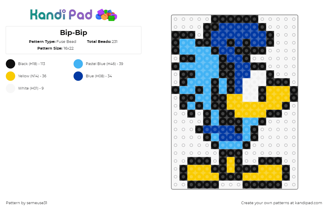 Bip-Bip - Fuse Bead Pattern by semeuse31 on Kandi Pad - roadrunner,looney tunes,character,bird,cartoon,tv show,classic,light blue,blue,yellow