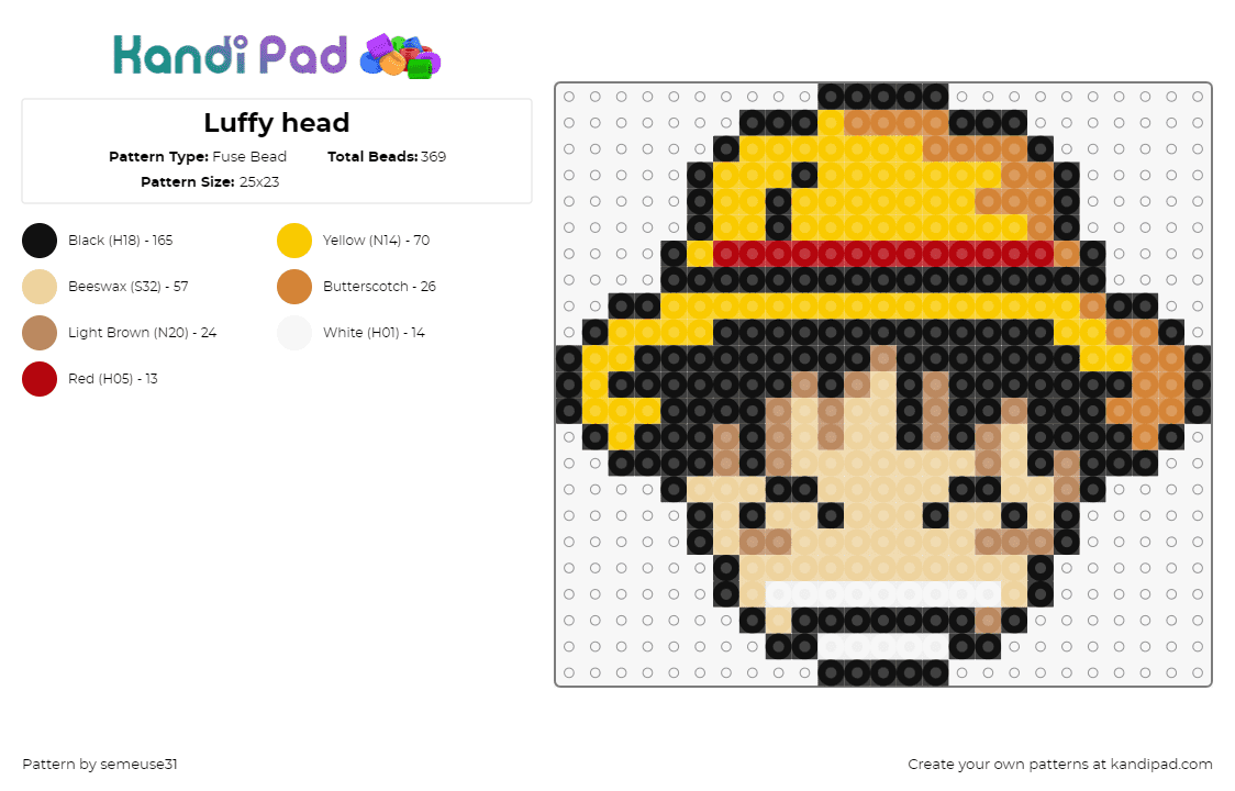 Luffy head - Fuse Bead Pattern by semeuse31 on Kandi Pad - monkey d luffy,one piece,hat,head,character,anime,smile,tv show,yellow,red,tan