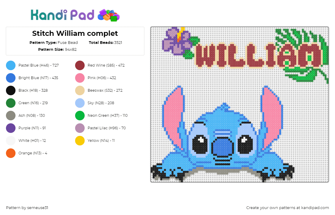 Stitch William complet - Fuse Bead Pattern by semeuse31 on Kandi Pad - william,stitch,name,character,cute,text,movie,disney,light blue,pink,red