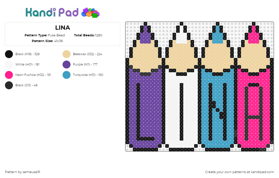 LINA - Fuse Bead Pattern by semeuse31 on Kandi Pad - lina,pencils,colorful,name,text,art,purple,pink,light blue,white