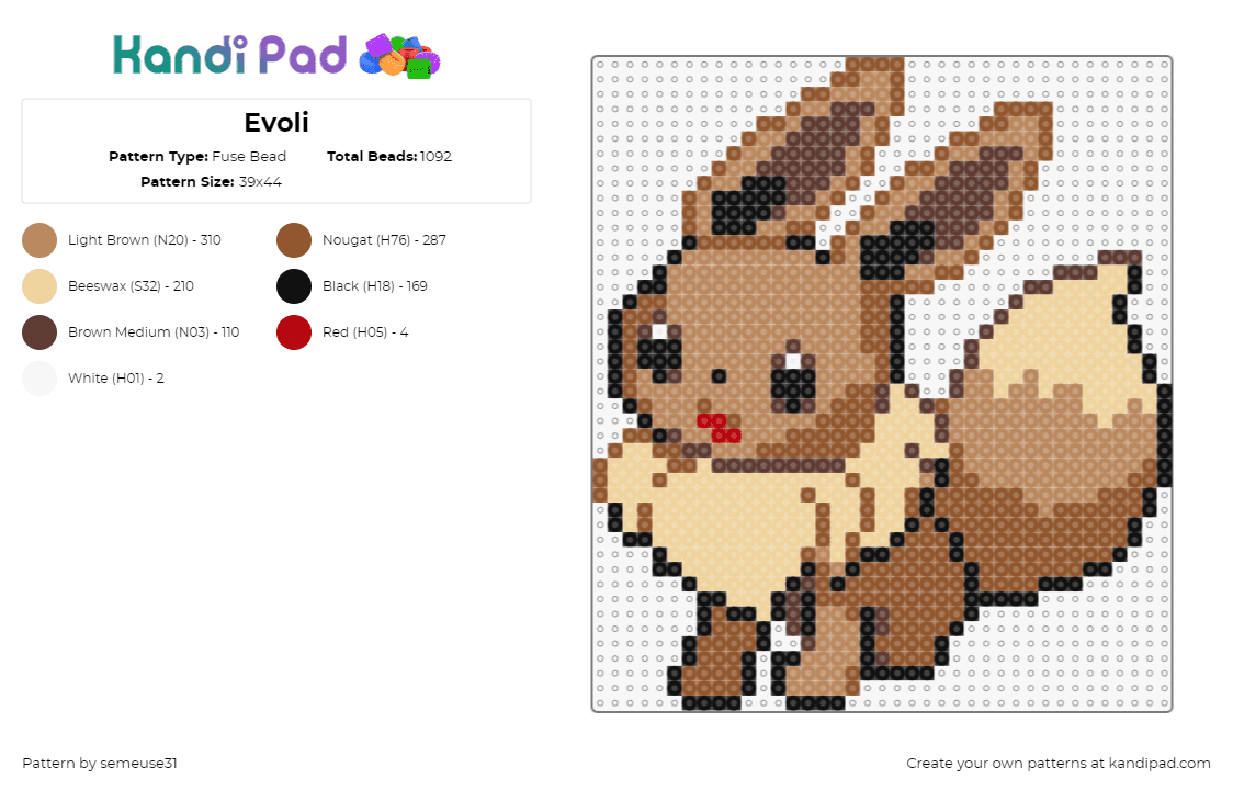 Evoli - Fuse Bead Pattern by semeuse31 on Kandi Pad - eevee,pokemon,character,cute,gaming,tan,brown