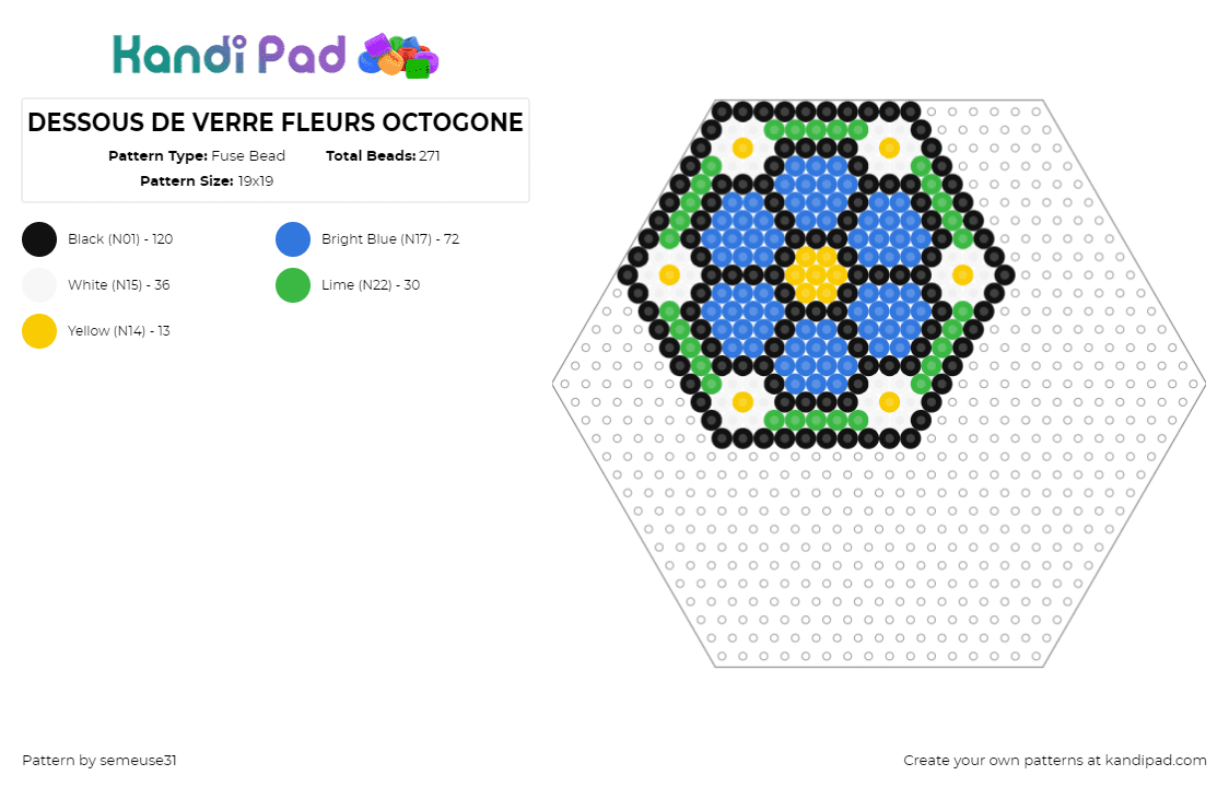 DESSOUS DE VERRE FLEURS OCTOGONE - Fuse Bead Pattern by semeuse31 on Kandi Pad - flower,hexagon,coaster,nature,blue,green