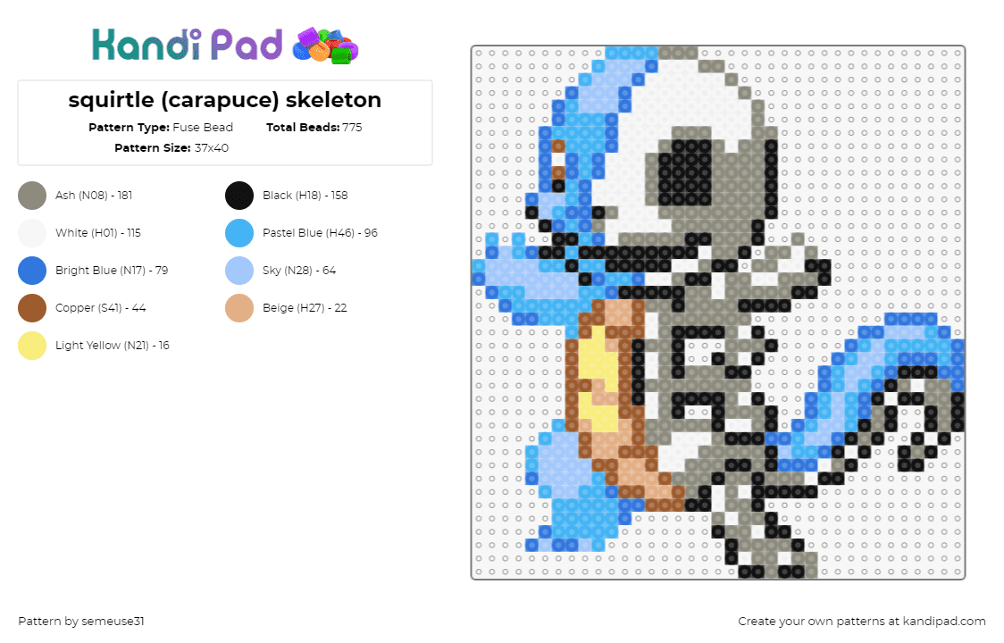 squirtle (carapuce) skeleton - Fuse Bead Pattern by semeuse31 on Kandi Pad - squirtle,skeleton,pokemon,character,starter,spooky,halloween,gaming,light blue,gray,tan