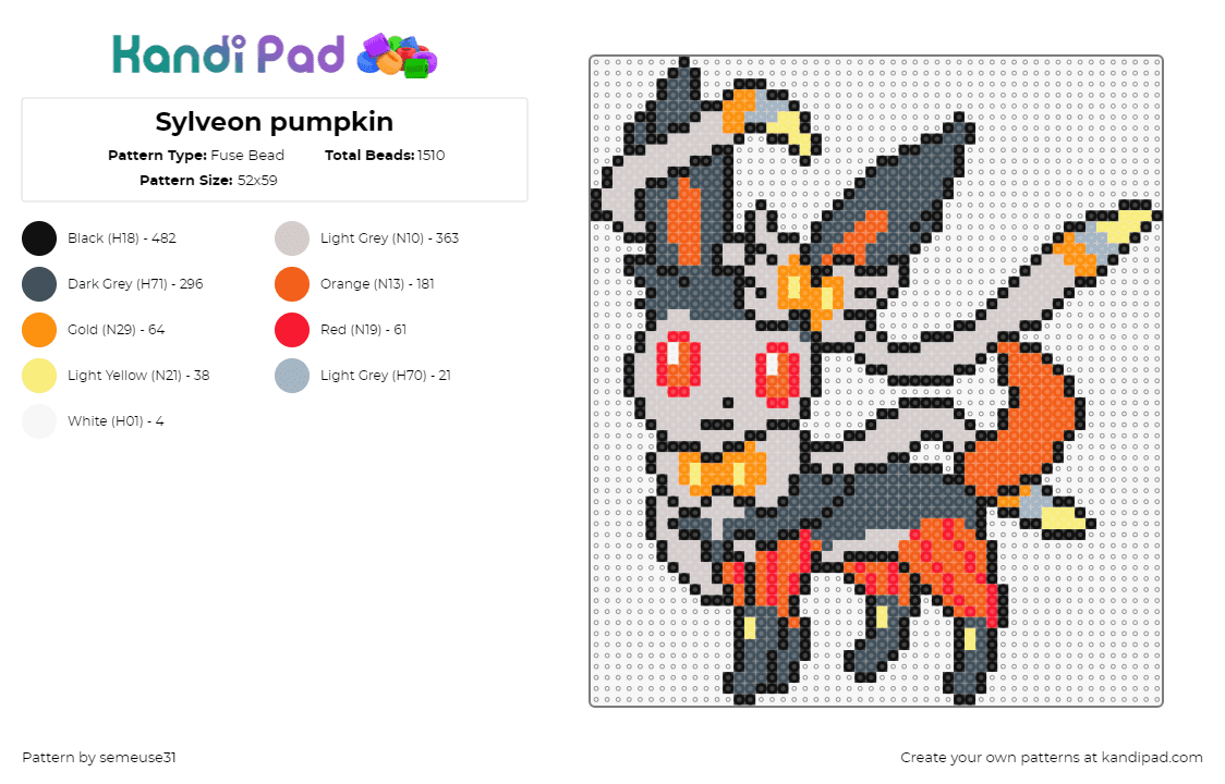 Sylveon pumpkin - Fuse Bead Pattern by semeuse31 on Kandi Pad - sylveon,pokemon,pumpkin,outfit,costume,gaming,character,halloween,gray,orange