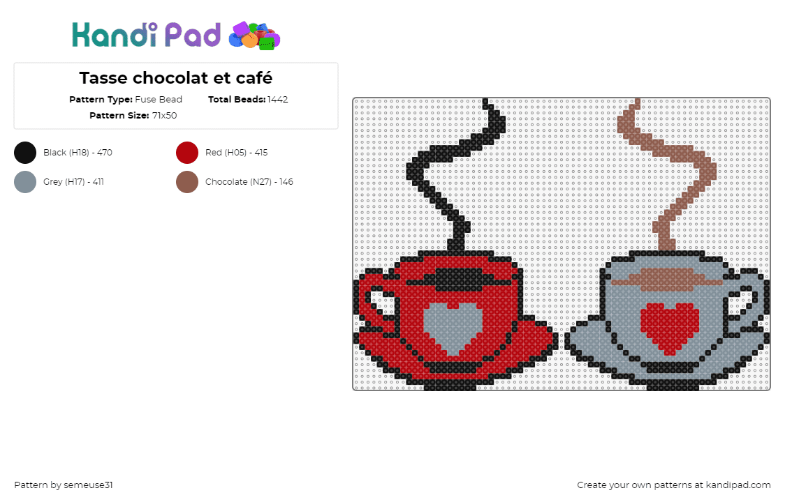 Tasse chocolat et café - Fuse Bead Pattern by semeuse31 on Kandi Pad - tea,coffee,cup,mug,drink,hearts,steam,gray,red