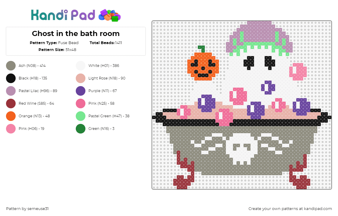 Ghost in the bath room - Fuse Bead Pattern by semeuse31 on Kandi Pad - bathtub,ghost,bubbles,spooky,shower,halloween,gray,pink,purple