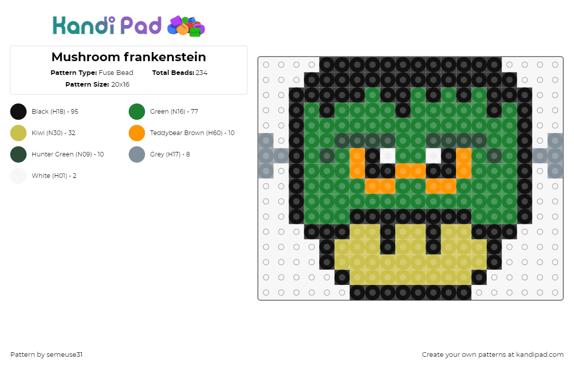 Mushroom frankenstein - Fuse Bead Pattern by semeuse31 on Kandi Pad - frankenstein,monster,mushroom,mario,nintendo,mashup,costume,halloween,green