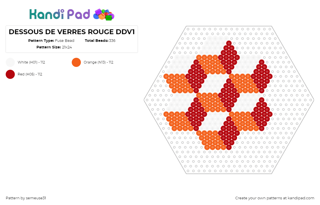 DESSOUS DE VERRES ROUGE DDV1 - Fuse Bead Pattern by semeuse31 on Kandi Pad - blocks,geometric,3d,hexagon,orange,red,white