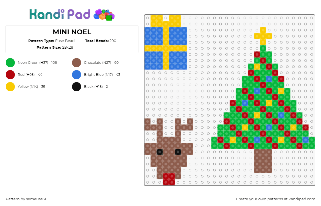 MINI NOEL - Fuse Bead Pattern by semeuse31 on Kandi Pad - christmas,reindeer,tree,gift,present,holiday,green,brown,blue