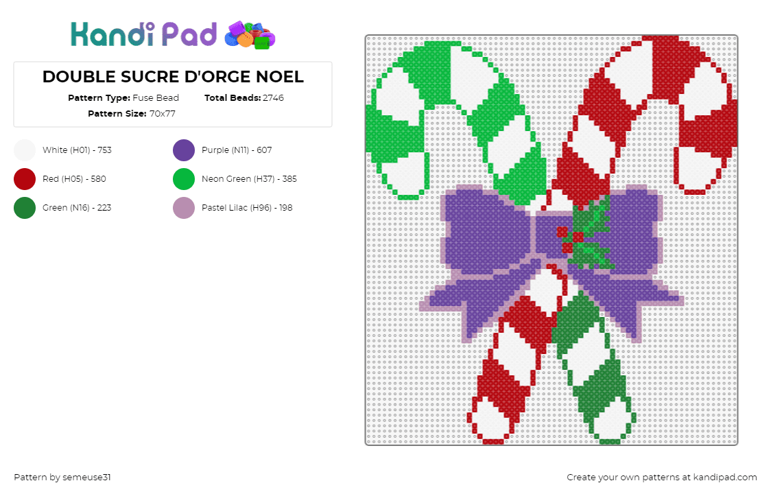 DOUBLE SUCRE D\'ORGE NOEL - Fuse Bead Pattern by semeuse31 on Kandi Pad - candy canes,bow,christmas,mistletoe,festive,holiday,red,green,purple