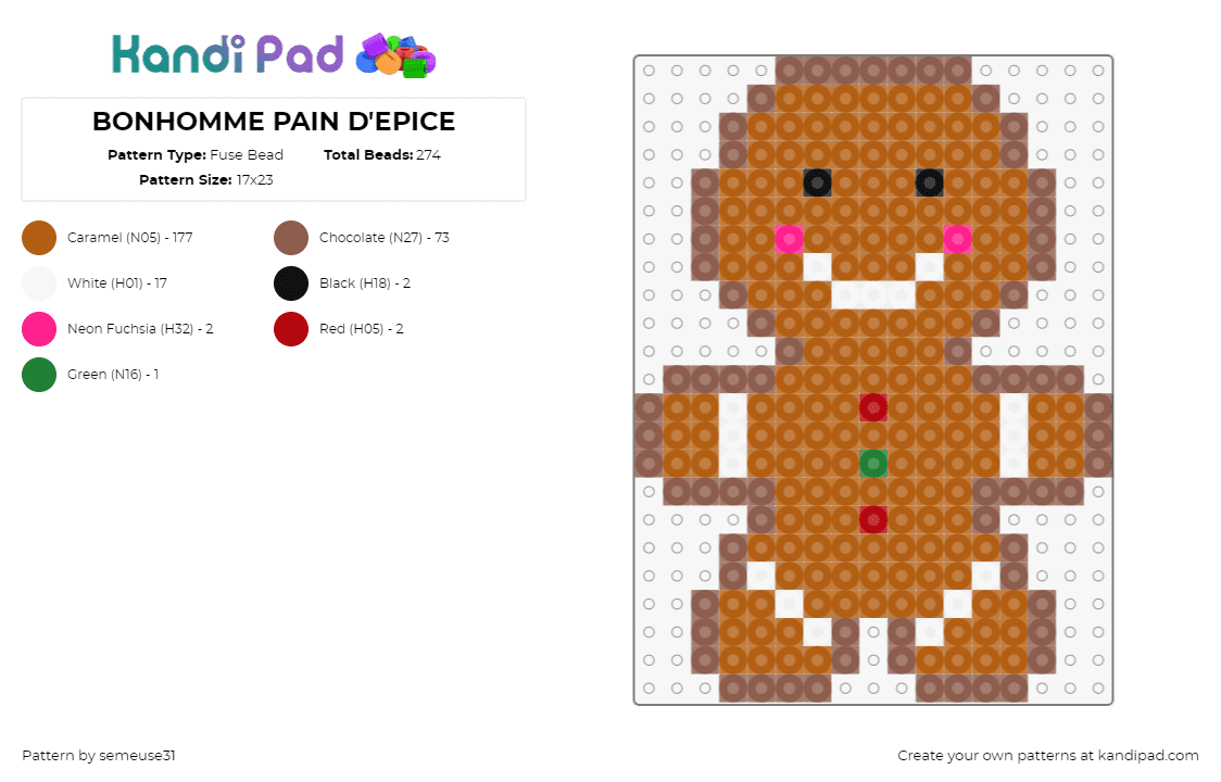 BONHOMME PAIN D\'EPICE - Fuse Bead Pattern by semeuse31 on Kandi Pad - ginger bread man,cookie,christmas,cute,smile,brown,orange