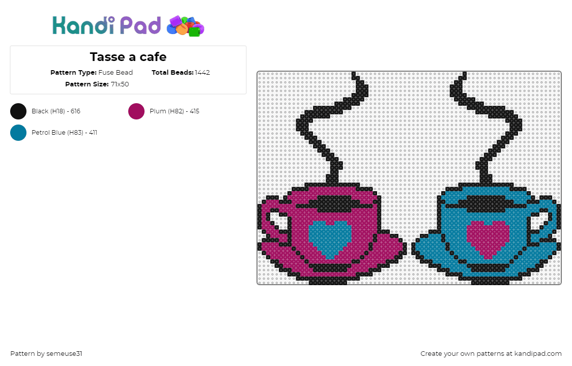 Tasse a cafe - Fuse Bead Pattern by semeuse31 on Kandi Pad - tea,coffee,cup,mug,drink,hearts,steam,blue,purple