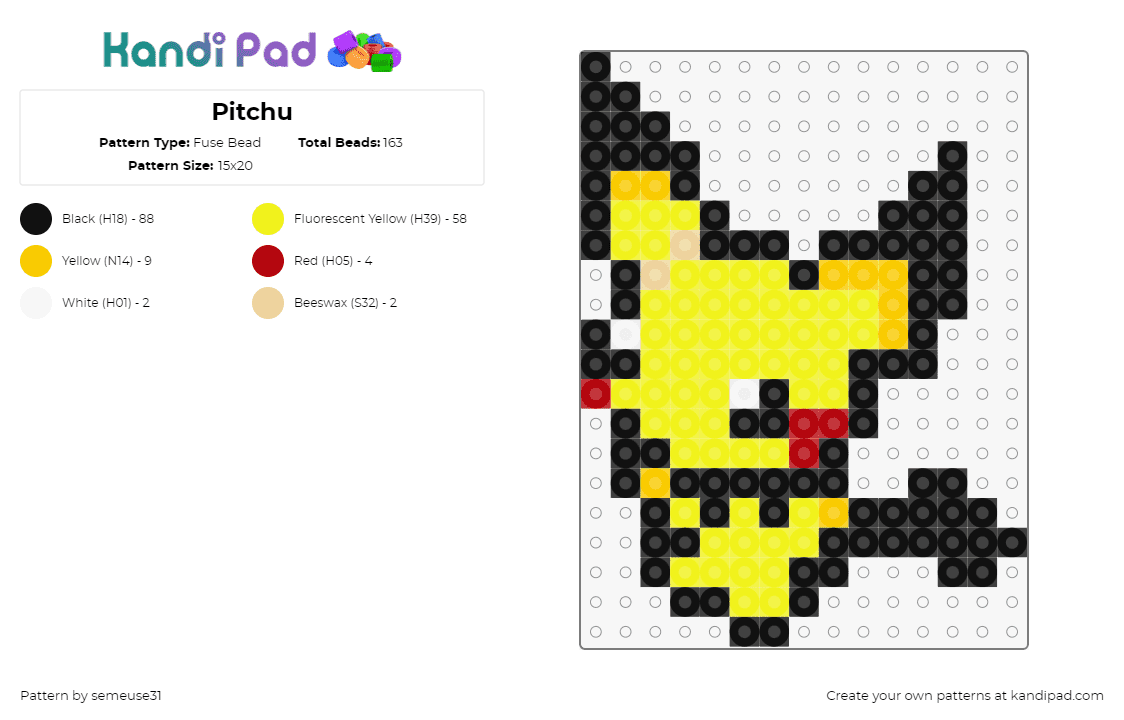 Pitchu - Fuse Bead Pattern by semeuse31 on Kandi Pad - pichu,pokemon,character,cute,gaming,yellow