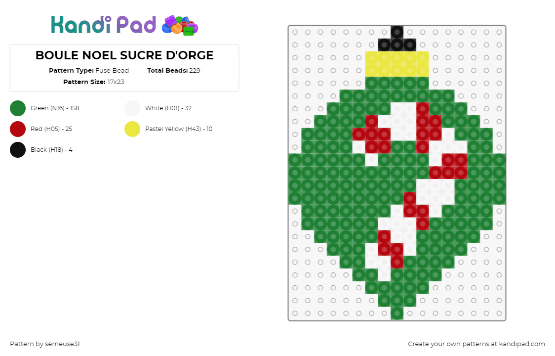 BOULE NOEL SUCRE D\'ORGE - Fuse Bead Pattern by semeuse31 on Kandi Pad - candy cane,ornament,christmas,holiday,green,red,white