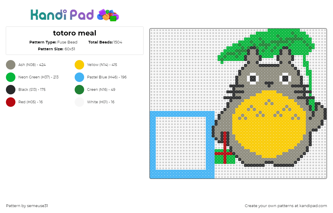 totoro meal - Fuse Bead Pattern by semeuse31 on Kandi Pad - my neighbor totoro,ghibli,leaf,anime,character,cute,movie,yellow,green,gray