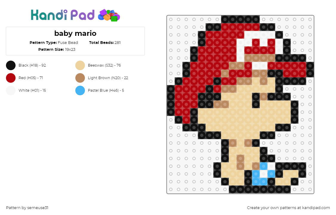 baby mario - Fuse Bead Pattern by semeuse31 on Kandi Pad - mario,baby,nintendo,character,video game,hat,tan,red